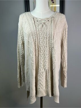 Jeanne Pierre Sweater Women’s Cable Knit Lace Up Cream Beige